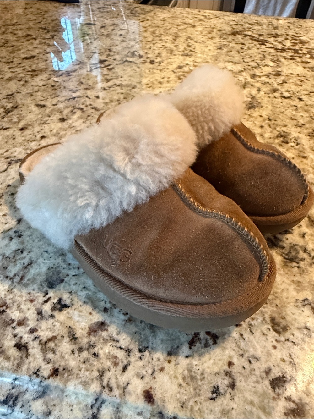 UGG Kids Chestnut Brown Suede Clog Slippers with Cream Fur Collar